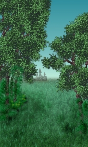 Mesekönyvbe illő illusztráció. Erdő széle mezővel és kis várral a távolban.