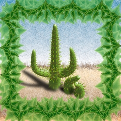 Rajzolt kaktusz mozgóecsetekkel festett tüskékkel és keretben.