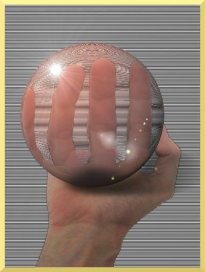 Üveggömböt tartó emberi kéz fényképe. Egyszersmind úgy tűnik, mintha a gömb nem is a kép része volna, hanem a papírképre lenne rátéve, mivel árnyékot vet arra.