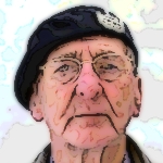 Öreg férfi arcképe karikatúrával.