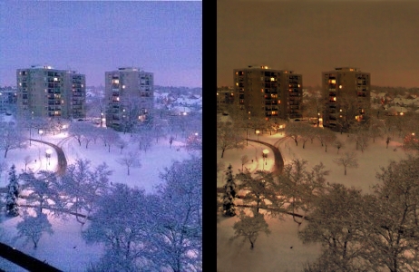 Téli éjszakai felvétel eredeti és helyreállított változata.